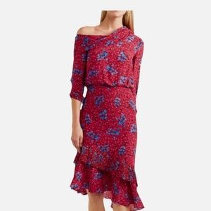 SALONI Lexie 100% SILK Floral Asymmetrical Ruffle Pleat Off Shoulder Dress US 0